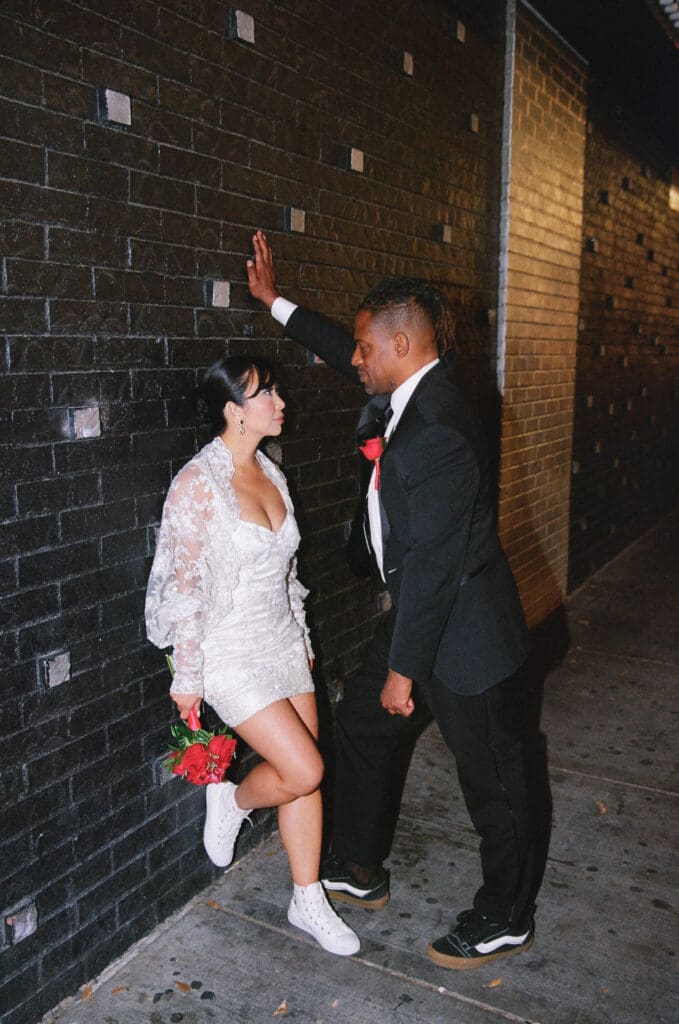 cute portrait of the newlyweds looking at each other