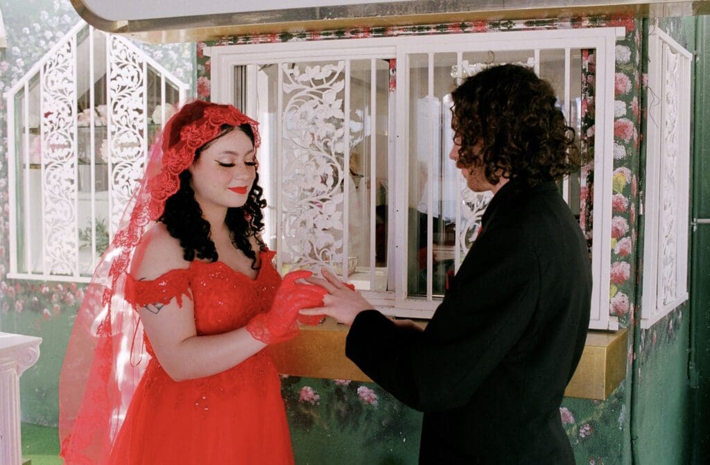 cute couple at their dream and colorful las vegas elopement