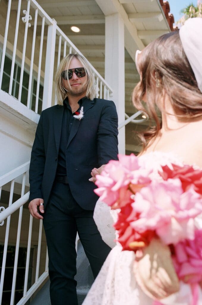 cute couple at their summer bridal session in sin city