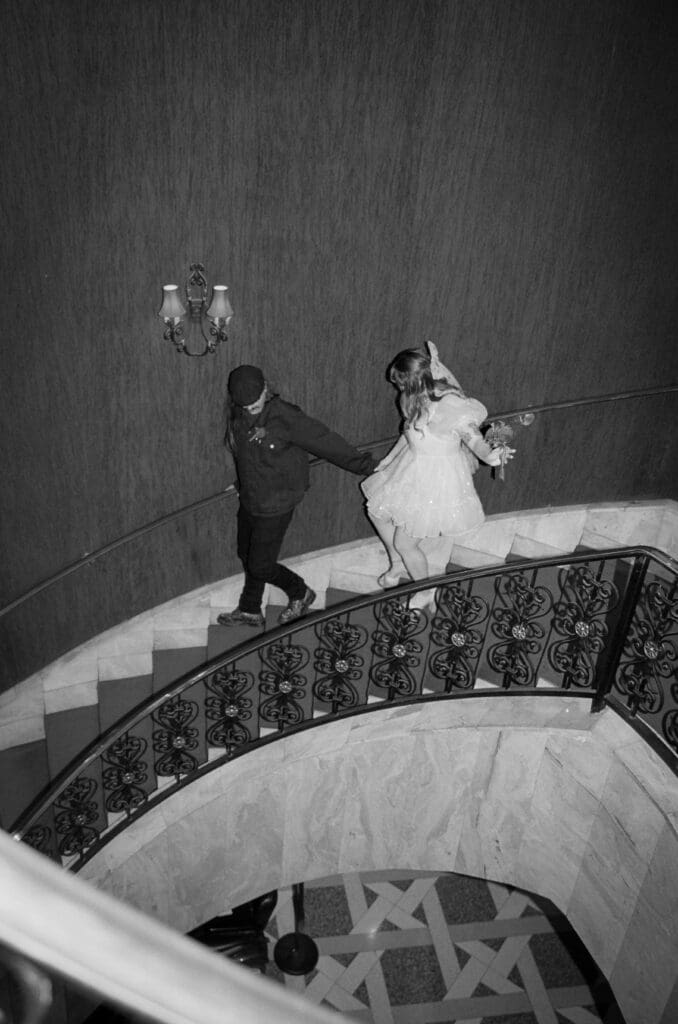 happy couple walking around vegas during their bridal session