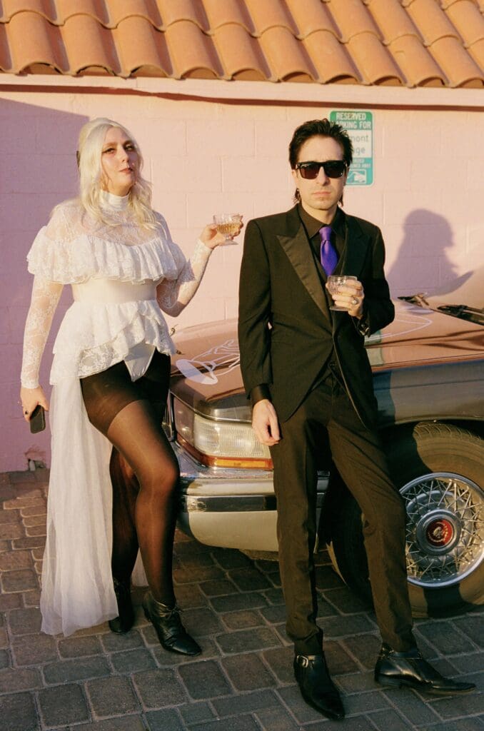 couple posing for the camera during their bridal session in sin city