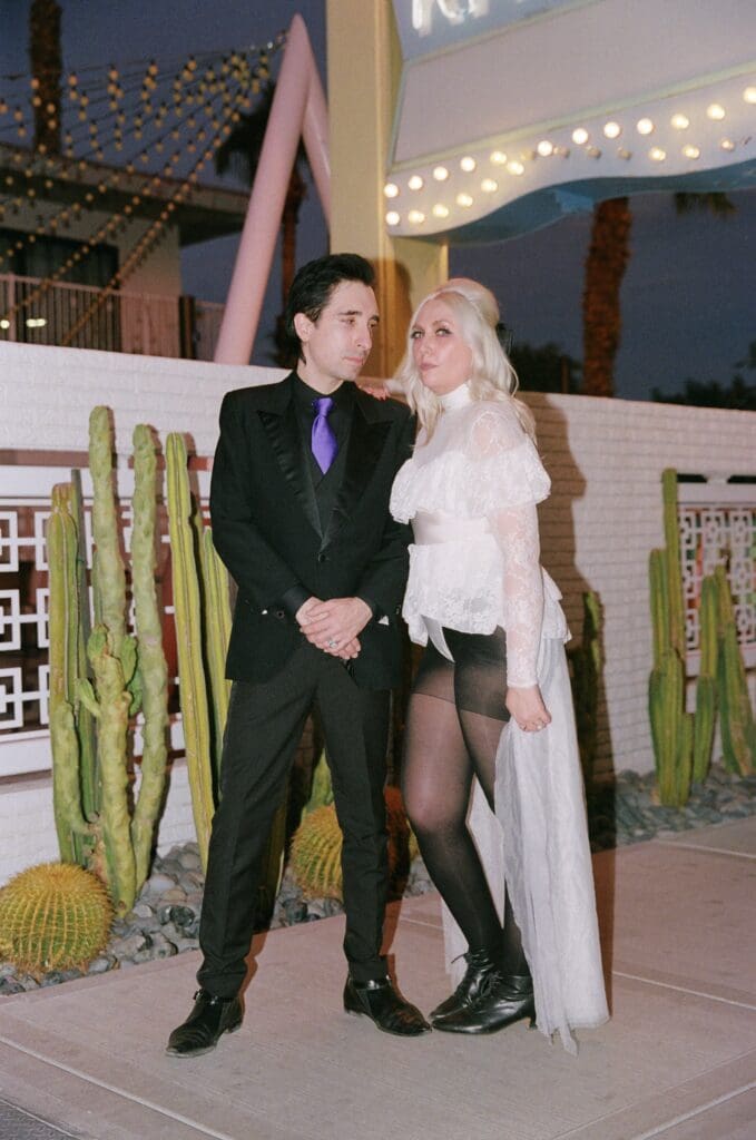 couple walking around DTLV during their bridal session