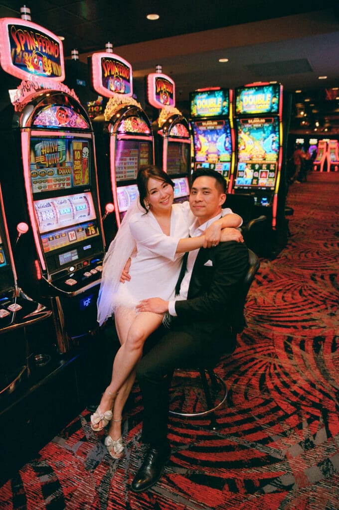 happy couple at a casino during their bridal session