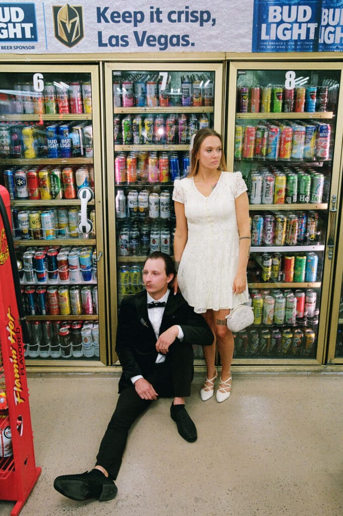 couple walking around las vegas during their photoshoot