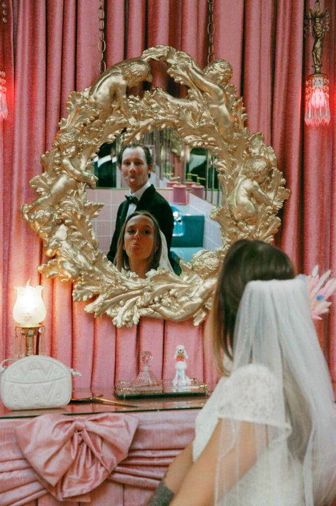 cute couple at their fun bridal portraits in sin city