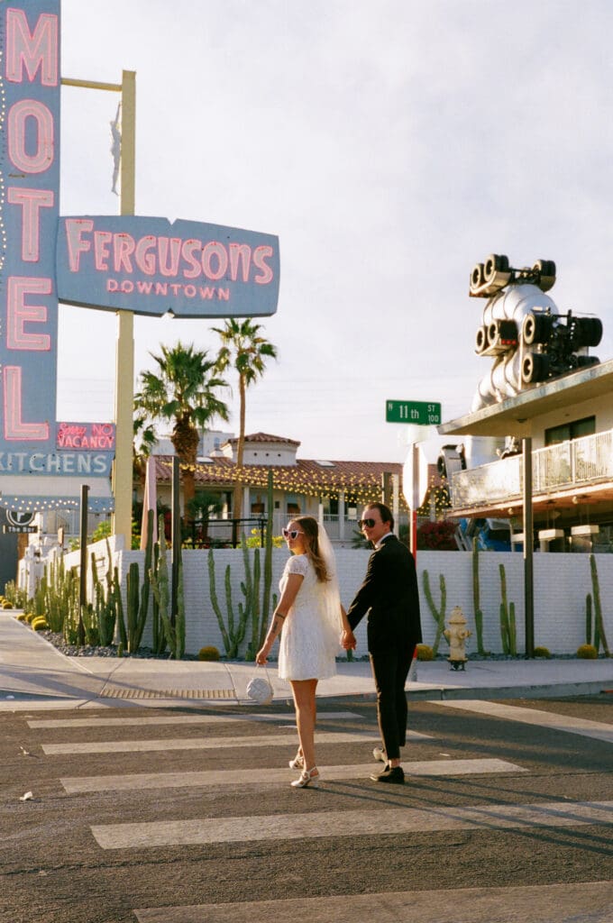 couple walking around DTLV during their bridal session