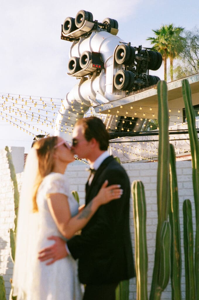 portrait of the newlyweds kissing