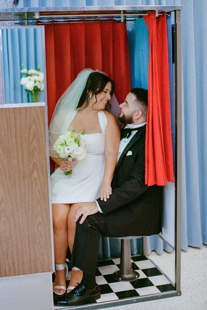 cute picture of the newlyweds smiling at each other