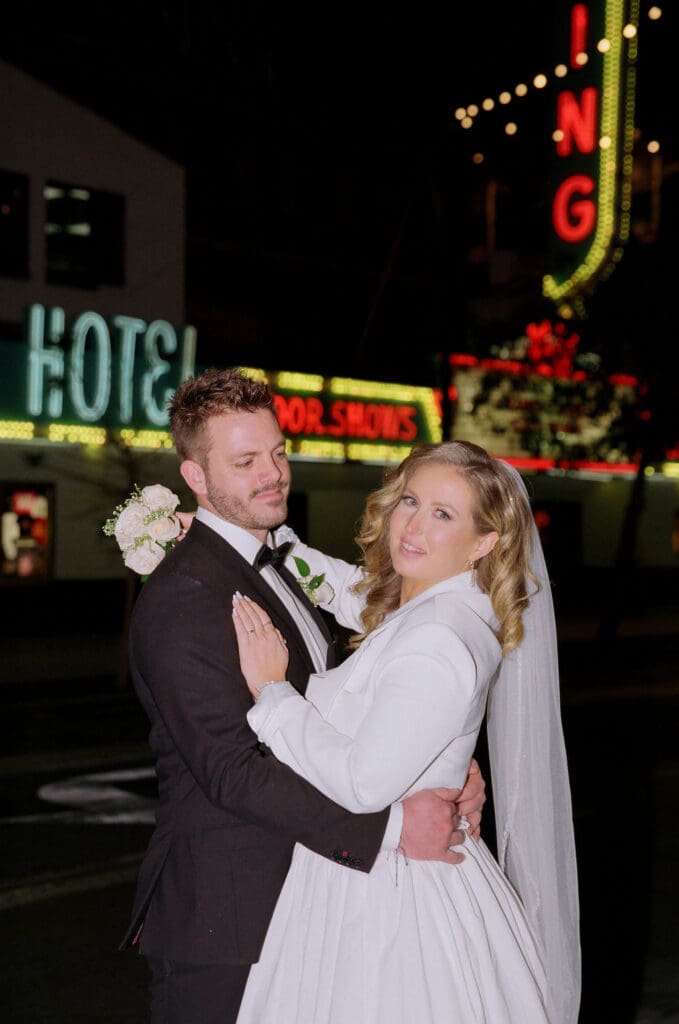 portrait of the newlyweds hugging